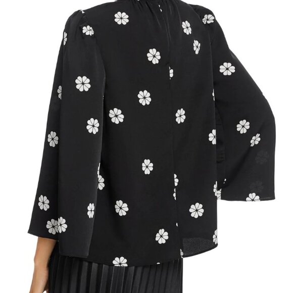 Kate Spade Black Floral Mock Neck Blouse Womens XL Puff Bell Sleeve Crepe Top - Picture 7 of 10